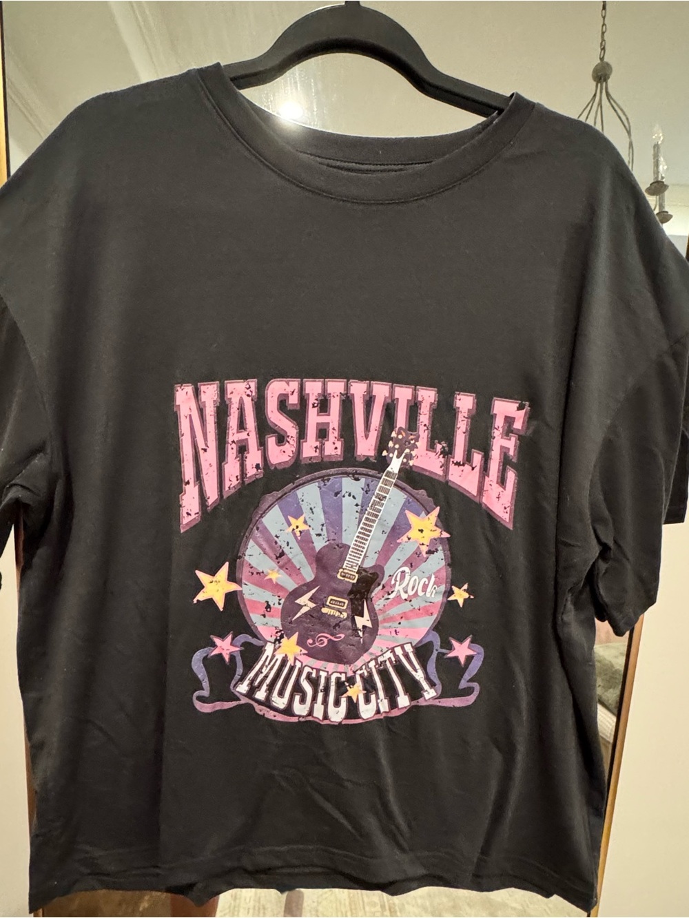 SHEIN Black Graphic Tee with Pink and Purple Nashville Design